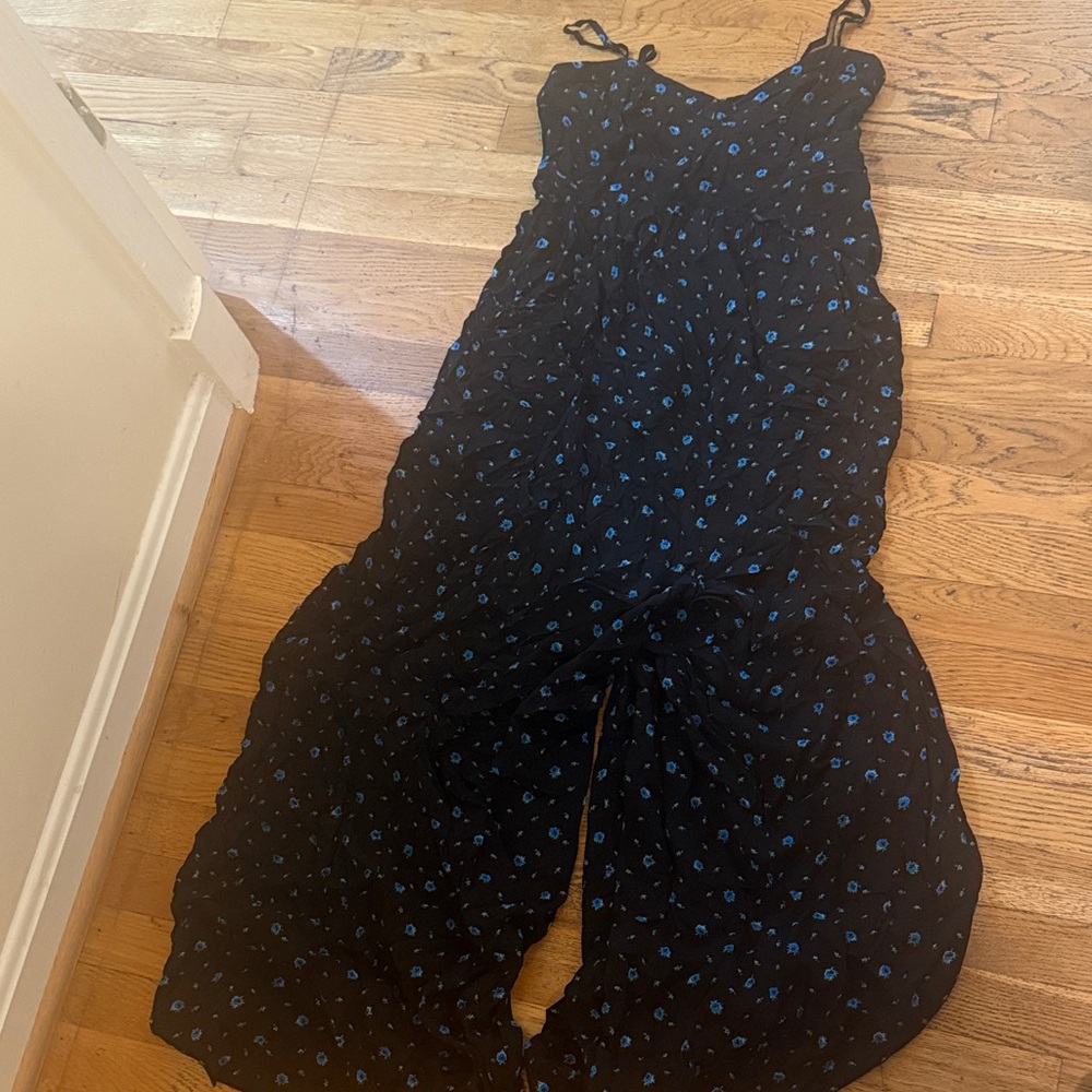 Free People Black and Blue Patterned Jumpsuit